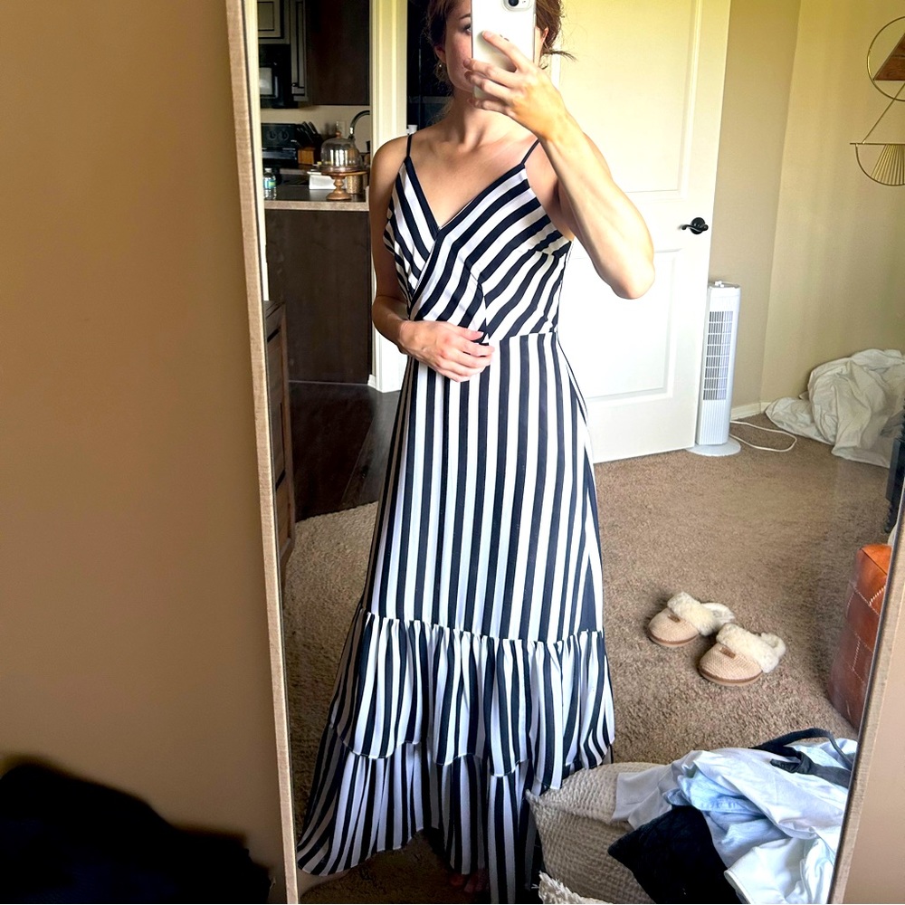 Banana Republic Long Chiffon Striped Dress - Navy